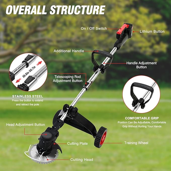 ALSO GO 21V Electric Cordless Weed Wacker, 3-in-1 Weed Eater with 2-Battery Powered, Lawn Mower/Grass Trimmer/Lawn Edger with 3 Types Blades, Stringless Grass Wacker with Wheels (2 Battery Include)