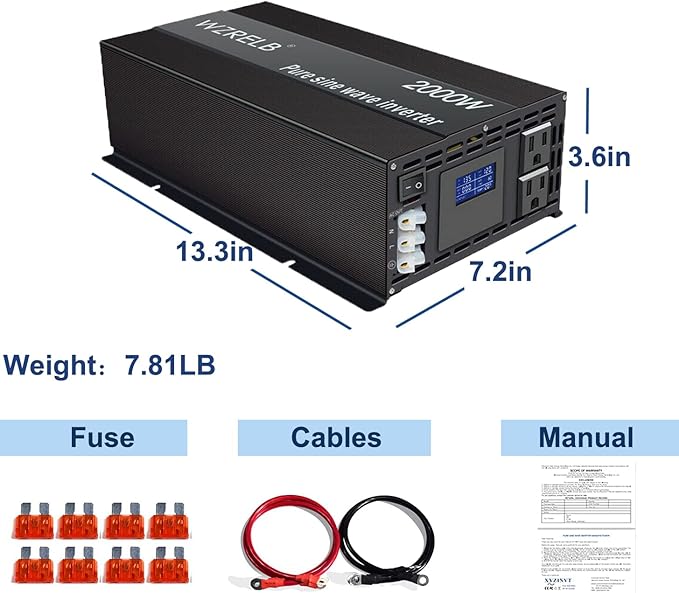 WZRELB Pure Sine Wave Inverter 2000W 12VDC to 120VAC Solar Power Converter Truck RV Home LCD Display