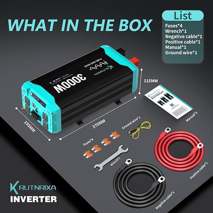3000W Pure Sine Wave Inverter 12V DC to 120V AC for RV, Truck, Off-Grid, Home, Solar Car Power Inverter with Dual AC Hardwire Port, 20A Socket, 5V 2.1A USB