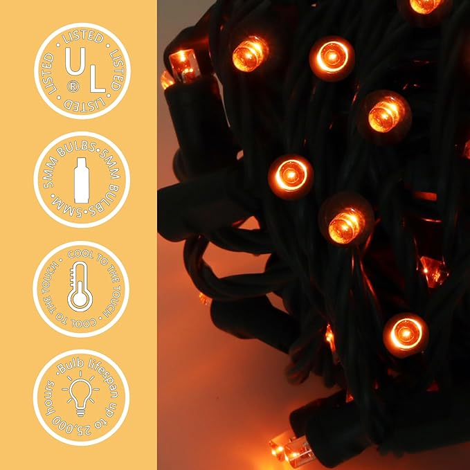 50 LED 5MM Orange Christmas Lights, 17FT Indoor/Outdoor String Light, Mini Lights for Garden, Patio, Christmas Trees - Green Wire, Commercial Grade, UL Listed