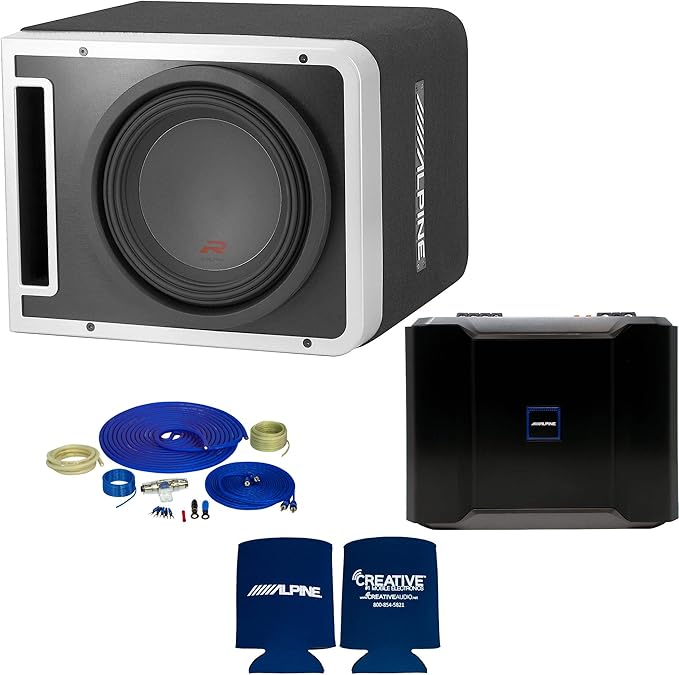 Alpine R-SB10V Pre-Loaded R-Series 10-inch Subwoofer Enclosure, Alpine R-A75M 750 Watt Mono Amplifier, and Wiring Kit