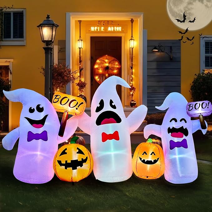 8FT Long Halloween Inflatable Ghosts and Pumpkins, 3 Blow Up Ghosts Inflatables with 2 Pumpkin Built-in LED Lights for Halloween Party Yard Garden Lawn Decorations