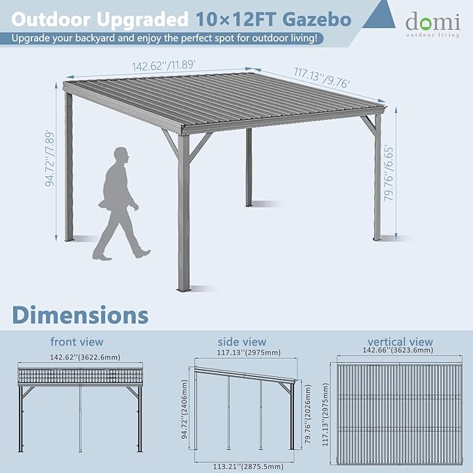 Domi 10’x12’ Wall-Mounted Hardtop Gazebo Pergola – Permanent Lean-to Outdoor Shelter with Sloped Galvanized Steel Roof & Upgraded Drainage – Grey Metal Patio Cover for Backyard, Deck, Garden