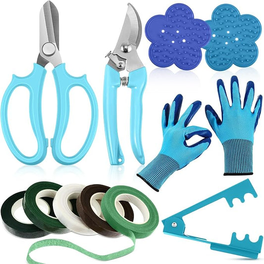 WILLBOND 11 Pcs Rose Thorn Remover Valentine Leaf Stripping Tool Garden Pruning Shear Scissors Kit Thorn Remover for Roses Floral Gloves and Floral Tape for Outdoor Gardening Flower(Blue)