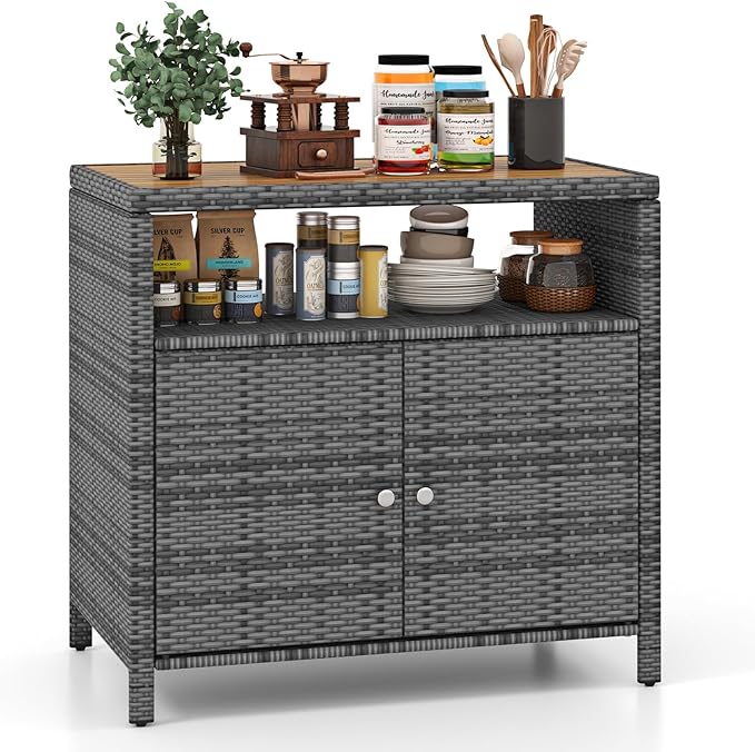 RELAX4LIFE Wicker Outdoor Bar Cabinet - PE Rattan Patio Bar Table w/Acacia Wood Countertop, Open Shelf & 2 Doors, Buffet Sideboard Organizer for Garden Backyard Pool, Outside Storage Cabinet (Grey)