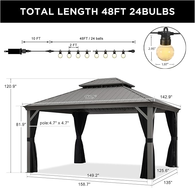 PURPLE LEAF 12' X 14' Permanent Hardtop Gazebo Galvanized Steel Double Roof Pavilion with Aluminum Frames Heavy Duty Patio Gazebo for Pool Patio Deck Garden,Netting and Curtains Included, Light Grey