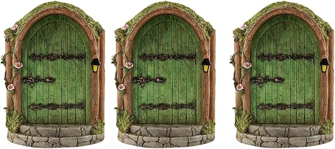 JJLFresheners 3Pcs Green Fairy Door Wooden Miniature Fairy Garden Doors Outdoor Mini Gnome House Accessories for Tree Trunk Ornaments Miniatures, Garden Sculptures and Statues, Fairy Door