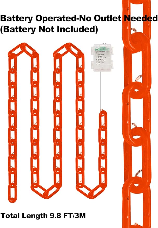 Halloween Chain Lights – 10 Ft 160 LED Orange Plastic Chains, Battery Operated Halloween Decorations with 8 Lighting Modes & Timer, Spooky Haunted House & Party Decor