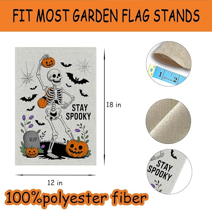 HTBIG Funny WSkeleton Halloween Garden Flag, Spooky Halloween Garden Flag, Yard Flags for Outside 12x18 inch, Outside Yard for Home Decorations