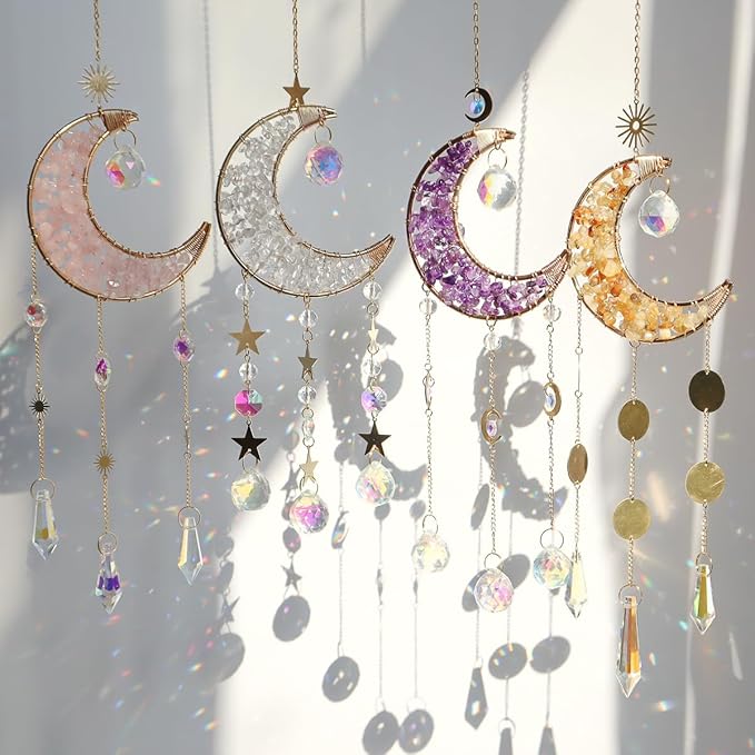 Moon Suncatcher Hanging Decor, Boho Chic Amethyst Crystal Sun Catcher, Spritual Sun Light Catcher for Windows, Crescent Moon Housewarming Gift (Amethsyt)