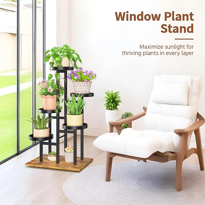 LASZOLA Black 5 Tier Plant Stand Indoor Heavy Duty Rack for Modern House Planter, Metal and Wooden Vertical Organizer Decor Narrow Bathroom Floor, Sturdy Multi Level Flower Holder Raised, Cat Proof
