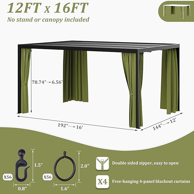 Gazebo Universal Replacement Privacy Curtain,12'×16' Gazebo Outdoor Waterproof Curtains, 4-Panels Sidewall Curtains with Double Zipper for Patio Canopy, Garden and Backyard (Curtain Only)