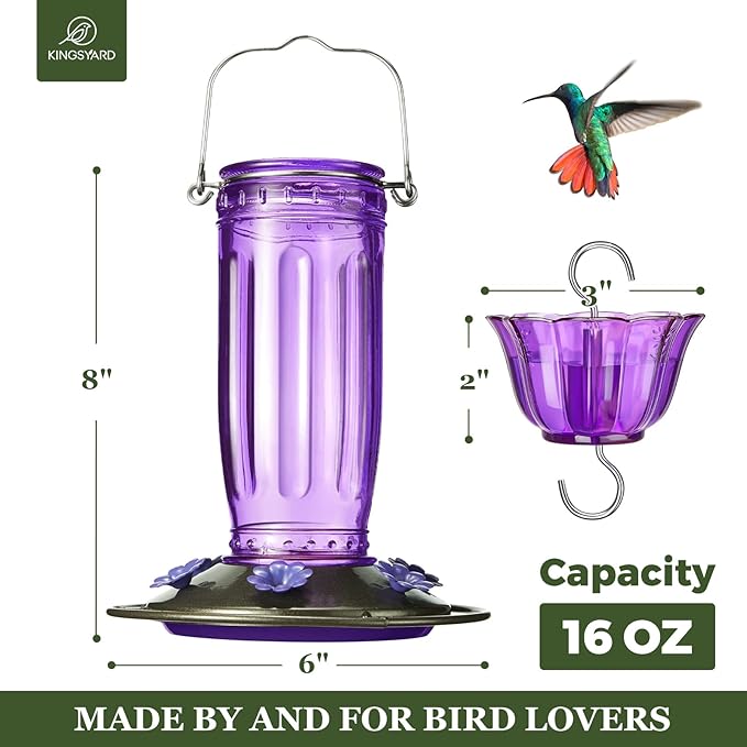 Kingsyard 2 Pack Glass Hummingbird Feeder for Outdoors, 16 Oz Wild Bird Feeder with 6 Feeding Ports Hanging for Garden Yard, Purple (Ant Moat Included)