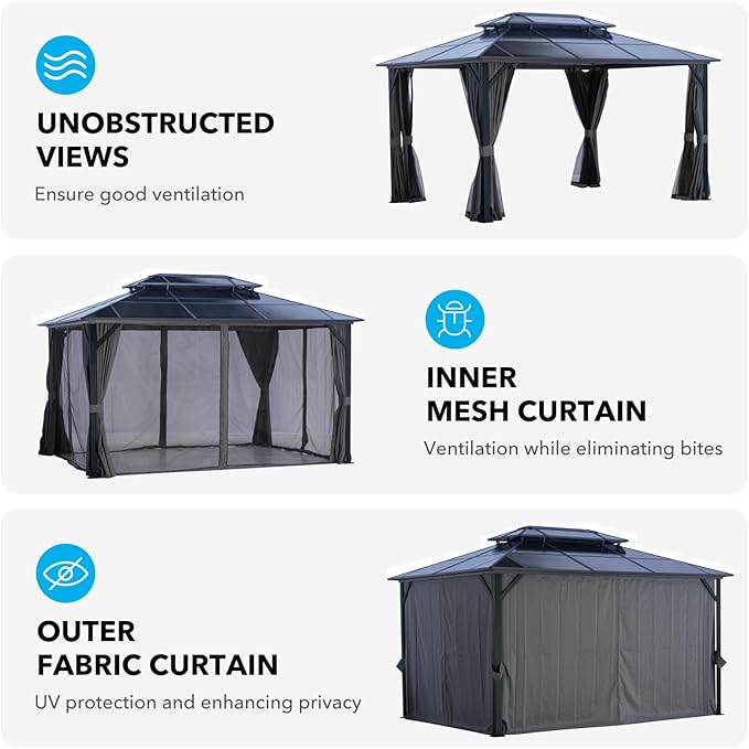 LeDoasis 10' X 13' Hardtop Gazebo, Outdoor Permanent Polycarbonate Double Roof Canopy with Breathable Netting & Privacy Curtain for Patio Backyard Garden Lawn Party