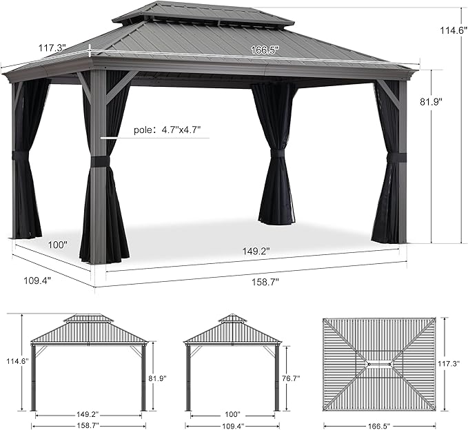 PURPLE LEAF 10' X 14' Patio Hardtop Gazebo Aluminum Outdoor Gazebo with Double Galvanized Steel Roof for Deck Backyard All Weather Outdoor Pavilion Curtain and Netting Included, Light Grey