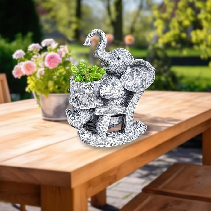 Succulent Pots Indoor Elephant Gifts for Women for Plant Lovers Cute Outdoor Plant Pots Outdoor Garden Animal Decor Elephant Sit Chair Statue with Drainage Hole