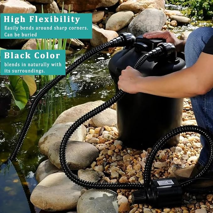 Pond Hose ID 1-1/2” × 10ft Black Corrugated Flexible Reinforced PVC Hose Vinyl Tubing for Pond Pump Fountain Garden Waterfall, Non-toxic & Kinkproof, with 2 clamps, 1.5 in 38mm id