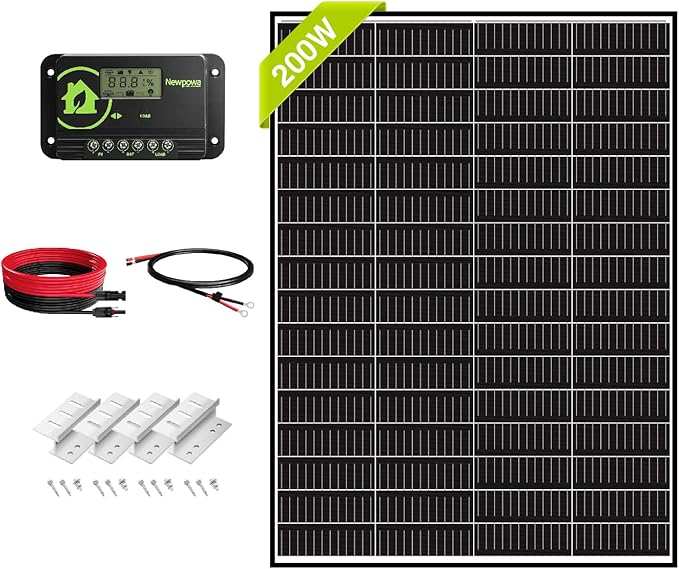 Newpowa 9BB Cell 200 Watt 12V Monocrystalline Solar Panel Kit, 200W 12Volt Solar Charger Kit+20A PWM Charge Controller+Mounting Z Brackets+Cable, High Efficiency Module for Off Grid System