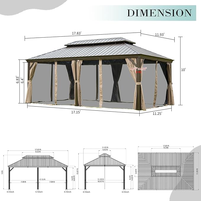 Domi Outdoor Living 12’ X 18’ Hardtop Gazebo, Outdoor Aluminum Frame Canopy with Galvanized Steel Double Roof, Outdoor Permanent Metal Pavilion with Curtains and Netting for Patio, Backyard and Lawn