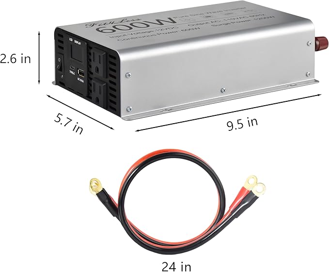 Pure sine Wave Inverter DC 12V Input and AC 110V Output with LCD Display, USB Output Port, Type-C Output Port(600W)
