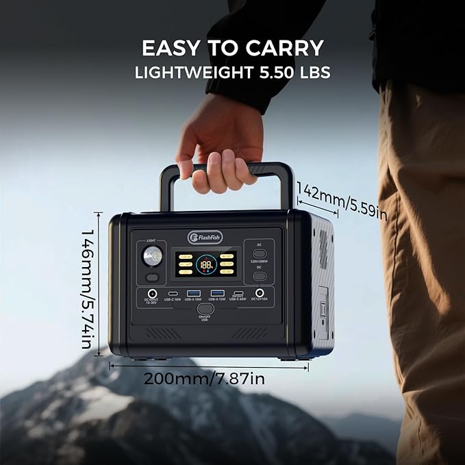 Flashfish 200W Portable Power Station - 153Wh LiFePO4 Battery, 400W Surge, Pure Sine WaveAC Outlets, 60W PD USB-C, Fast Recharge, Solar Generator for Home, Camping & Emergencies