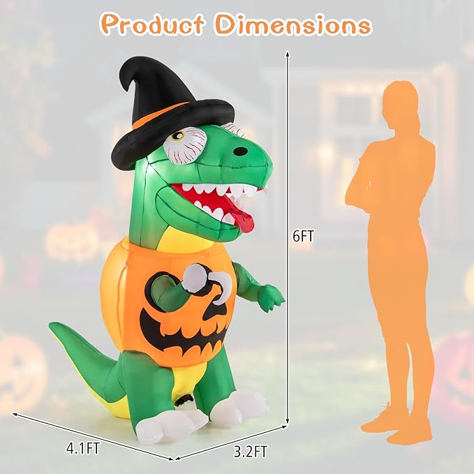 Goplus 6 FT Inflatable Pumpkin Dinosaur, Blow up Yard Decoration with Built-in LED Lights & Witch Hat, Halloween Inflatable Decoration with Stakes, Tethers & Sandbag, for Garden, Yard & Lawn