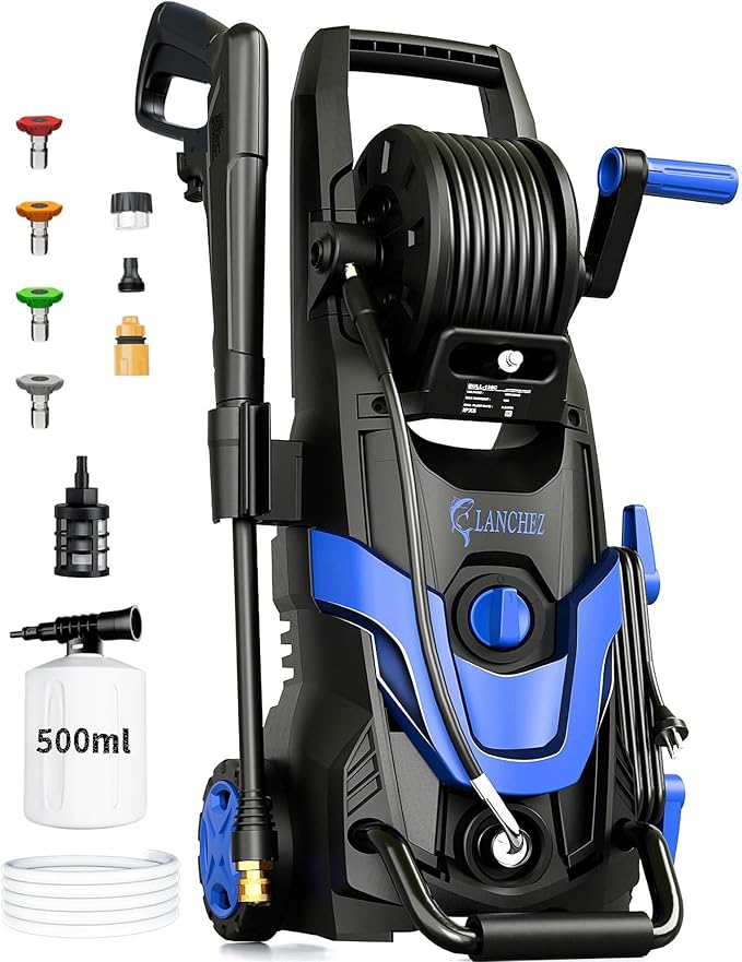 LANCHEZ Pressure Washer 4800PSI with 4 Quick Connect Nozzles, Inlet Hose & Filter&500ML Foam Cannon, Power Washer for Cars/Fences/Driveways/Patios/Home Cleaning (Blue)
