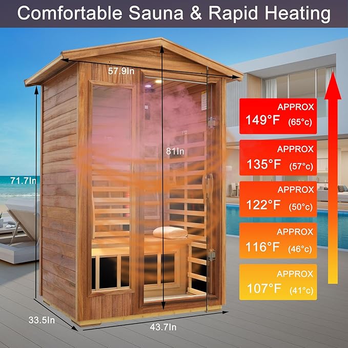Outdoor Sauna 2 Person, Ceramic Infrared Saunas for Home, 0－5 mg Low EMF Infrared Sauna, Mahogany Wood Home Sauna Room with Bluetooth Speakers, LED Reading Lamps, Chromotherapy Lights