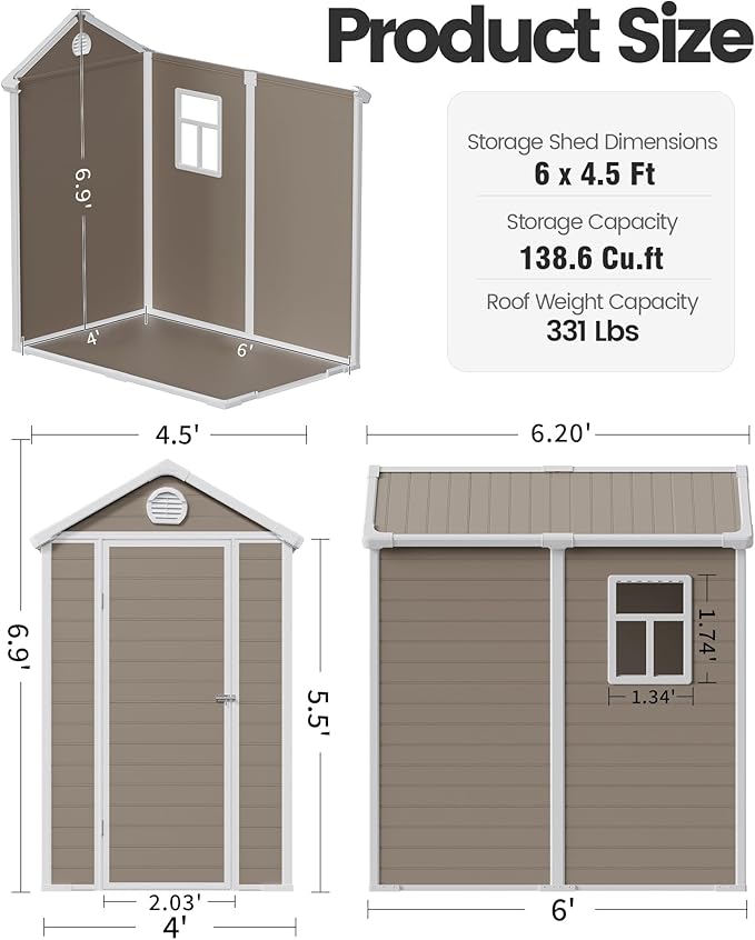 6x4.5 FT Plastic Sheds & Outdoor Storage, UV Resistant Storage Sheds Outdoor with Floor and Window, All-Weather Garden Resin Tool Shed for Lawn Mower, Yard Tools, Bike, Warm Gray