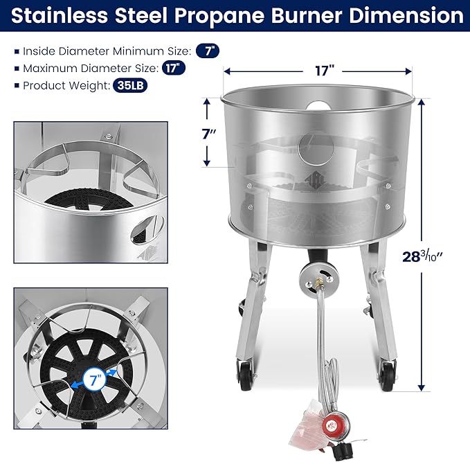 ARC 32QT Stainless Steel Stockpot with 200,000BTU Propane Burner, Seafood Boil Pot and Burner with Basket and 36 Inch Mix Spoon, Cookware for Crawfish Crab Shrimp Boil, Turkey Fryer, Tamale Steamer