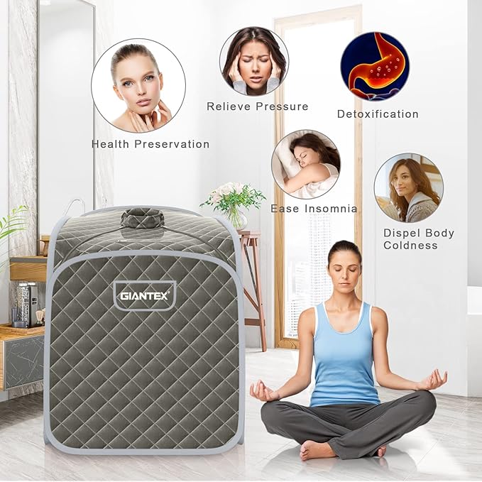 Giantex Portable Sauna, Sauna Box 3L Steam Box Remote Control, 9 Adjustable Temperature & Timer, Foot Roller, Mat & Foldable Chair, Steam Sauna for Single Person, Personal Sauna Tent for Home, Gray