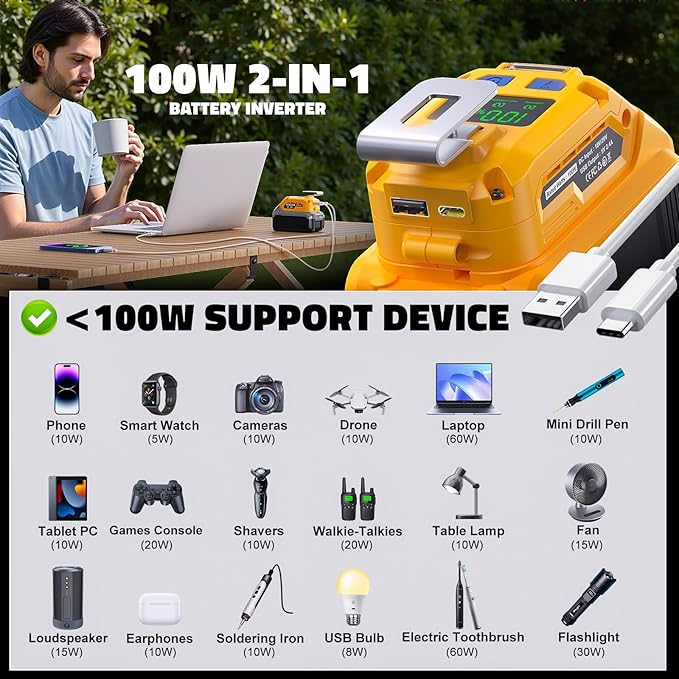 100W USB Battery Adapter Compatible with Dewalt 20V, LIVOWALNY Power Inverter Battery Inverter Charger Power Station with Type-C Port & USB Port & LED Light for Electronic Device (Tool Only)