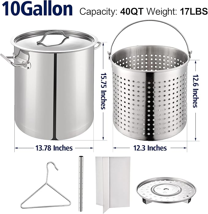 ARC 40QT Seafood Boiling Kit, 200,000BTU Propane Burner and 36" Large Spoon, Crawfish Boil Pot w/Basket and Steamer Rack, Outdoors Cooking and Steaming, Large Turkey Fryer Pot, Lobster Shrimp Pot