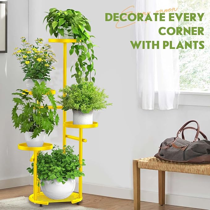 TOSKING 5 Tier Metal Plant Stand Indoor， Plant Shelf, Corner Shelf Flower Pot Stand for Outdoor Plant Stand for Living Room Balcony Garden Patio Bedroom (yellow, 38in)