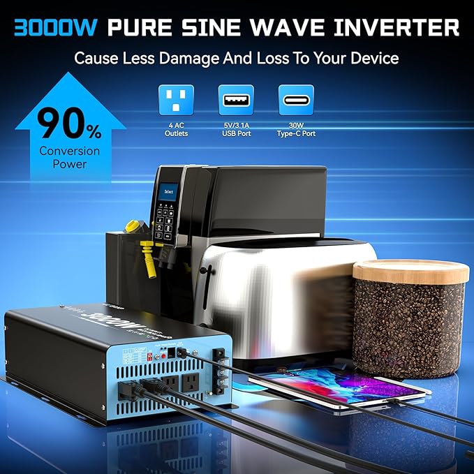 New Upgraded 24V 3000 Watts Pure Sine Wave Inverter, 24V DC to 110V/120V AC Power Inverter with 4 AC Outlets, USB Port, Type-C Port for Truck, Vehicle, Power Outage, Remote Control with LCD Screen