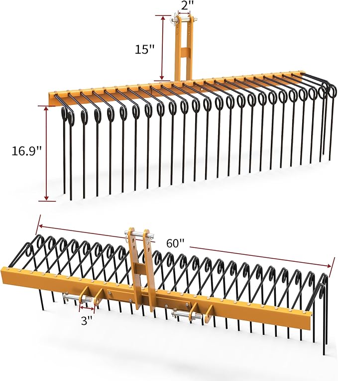 YITAMOTOR 60" Tow Behind Landscape Rake, 3 Point Quick Hitch Lawn Dethatcher Rakes with 26 Steel Tines for Category 1 Tractors, Heavy Duty Powder Coated Finish Tools for Leaves, Pine Needles, Straw