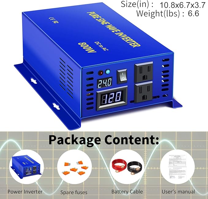 800 Watt Pure Sine Wave Inverter 24V DC to 110V 120V AC, 800W Power Invert Surge 1600W Power Converter for Solar System. (800W 24V 120V)