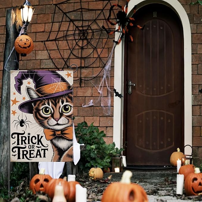 HTBIG Halloween Decor Garden Flag, Halloween Cat Trick or Treat Garden Flag, Yard Flags for Outside 12x18 inch, Outside Yard for Home Decorations
