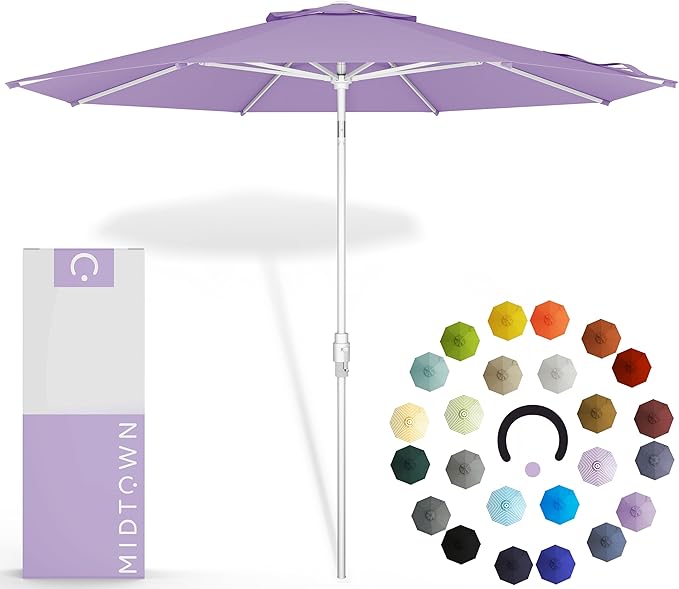 Midtown Umbrellas The Swilt 9 Feet Patio Umbrella in Terylast Midtown Purple Polyester Fabric - Fiberglass Ribs, Auto-Tilt Aluminum Frame For Backyard, Deck, Garden, Pool - White Pole