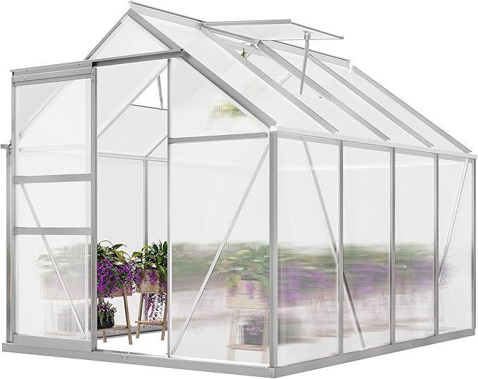 YITAHOME 6x8FT Polycarbonate Greenhouse Heavy Duty Green Houses Outdoor Aluminum Greenhouses with Sliding Doors Vent Window Walk-in Greenhouse Large Sun House for Garden Backyard, Matte Silver