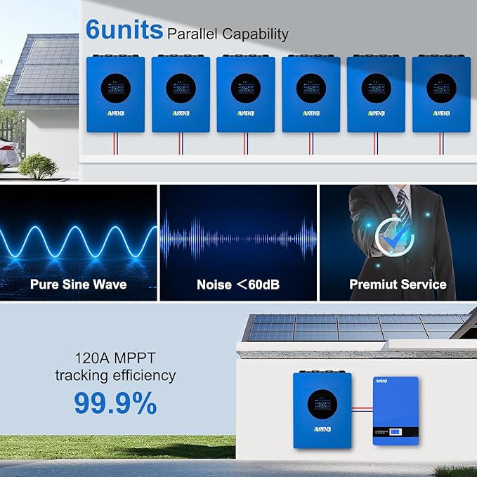 6000W Hybrid Solar Inverter 48V DC to 220V AC, Pure Sine Wave, Built-in 120A MPPT Controller, 99.9% Efficiency, Solar & Generator Input, Dustproof, for Home Backup RV Off-Grid