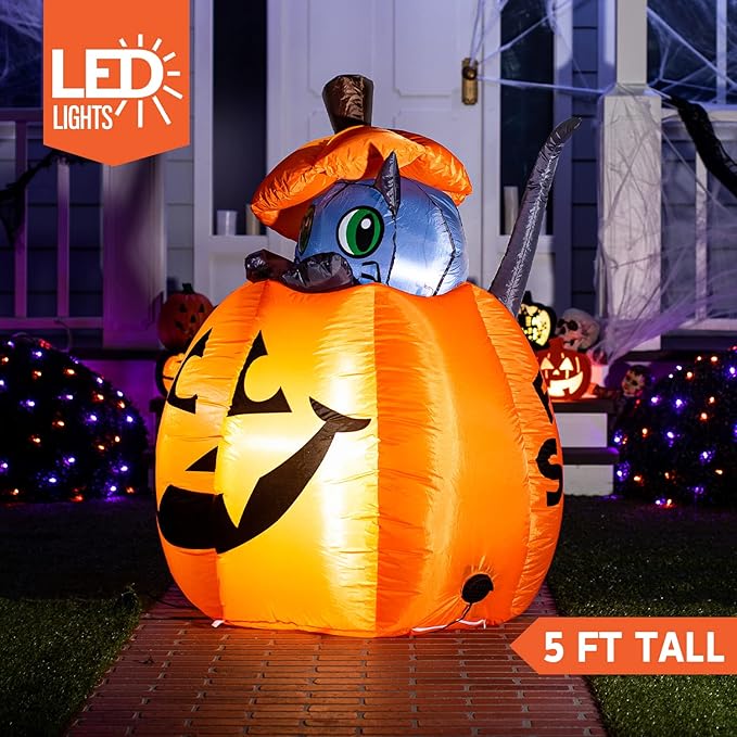 Joiedomi 5 FT Halloween Inflatables Outdoor Decorations, Inflatable Halloween Decor Outdoor Blow Up Pumpkin for Yard, Animated Blow Up Cat On Pumpkin with LEDs for Outside Decor