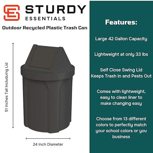 42 Gallon Round 100% Recycled Plastic Indoor or Outdoor Commercial Trash Can with Easy Access Swing Top Lid | Great for Schools and Businesses - Black
