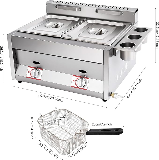 Stainless Steel Low Pressure Gas Deep Fryer with Frying Baskets and Lid, 12.7QT/12L Capacity Countertop Deep Fryer Oil Frying Pot Kitchen Frying Machine Table Snack Fryer Double Cylinder Gas Fryer