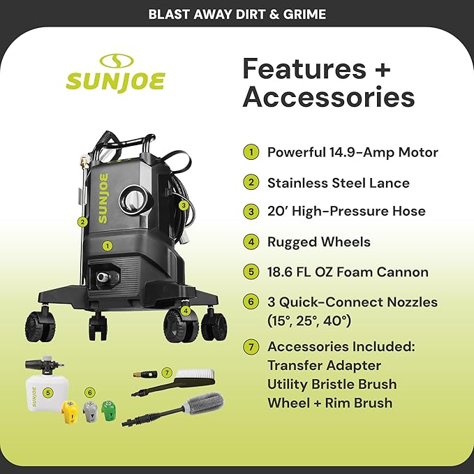 Sun Joe Electric Pressure Washer w/Wheels & 3 Quick-Connect Nozzles, 2200 PSI (PWMA Certified), 1.1 GPM, 14.9-Amp Motor - Heavy-Duty Cleaning Machine for Patios, Decks, Sidewalks & Cars, SPX3000-QW2