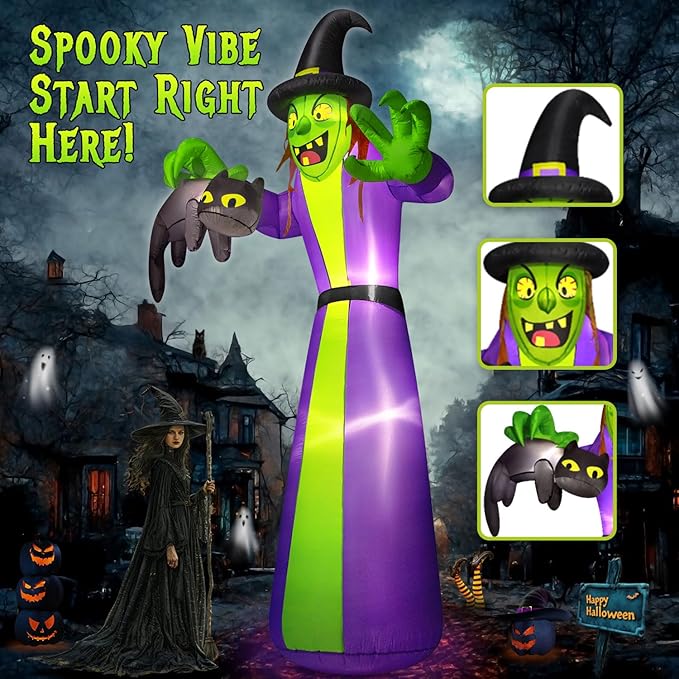 12FT Giant Halloween Inflatables Witch Outdoor Decorations, Huge Halloween Blow Up Spooky Witch Grabbing Black Cat Yard Decoration Built-in LEDs & Strong Blower Large Tall for Lawn Party