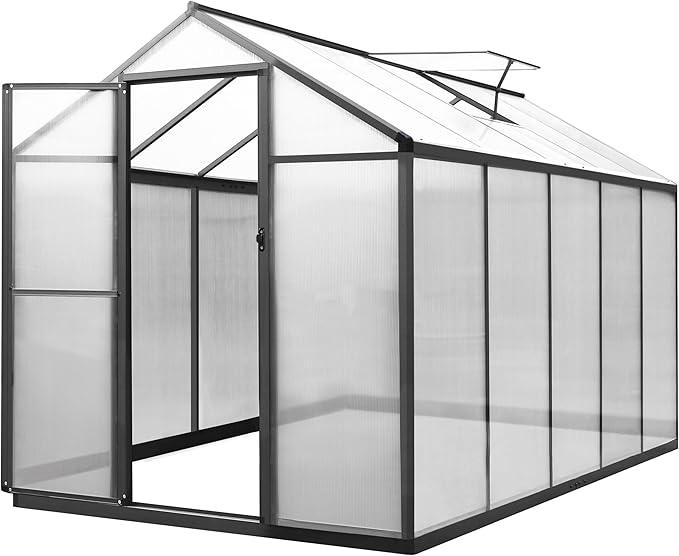 MUPATER 6'x 10' Greenhouse for Outdoors, Polycarbonate Greenhouse Heavy Duty, Aluminum Green House Kit with Lockable Door and Adjustable Roof Vent for Winter Plants, Backyard, Garden, Grey