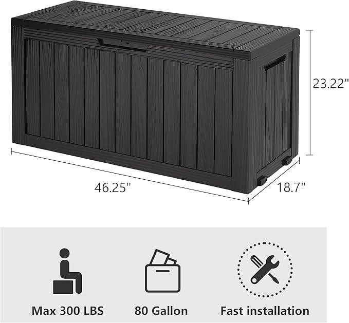 80 Gallon Deck Box Large Outdoor Storage Boxfor Patio Furniture,Outdoor Cushions, Garden Tools, Sports Equipment and Pool Supplies, Waterproof, Resin, Lockable