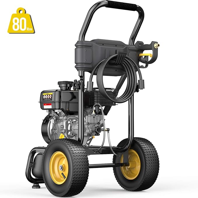 BLUBERY 3500PSI Gas Pressure Washer, 2.6GPM 212CC Heavy Power Washer, 30Ft High Pressure Hose&Soap Tank, 5 Adjustable Nozzles, Cleaning for Driveway/Concrete/Vinyl Fencing,Max