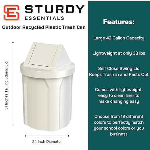 42 Gallon Round 100% Recycled Plastic Indoor or Outdoor Commercial Trash Can with Easy Access Swing Top Lid | Great for Schools and Businesses - White